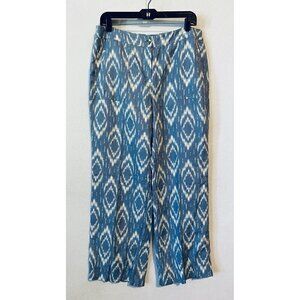 Chicos Pants Womens Medium 8 Blue White Ikat Print Linen Pockets Beachy Boho